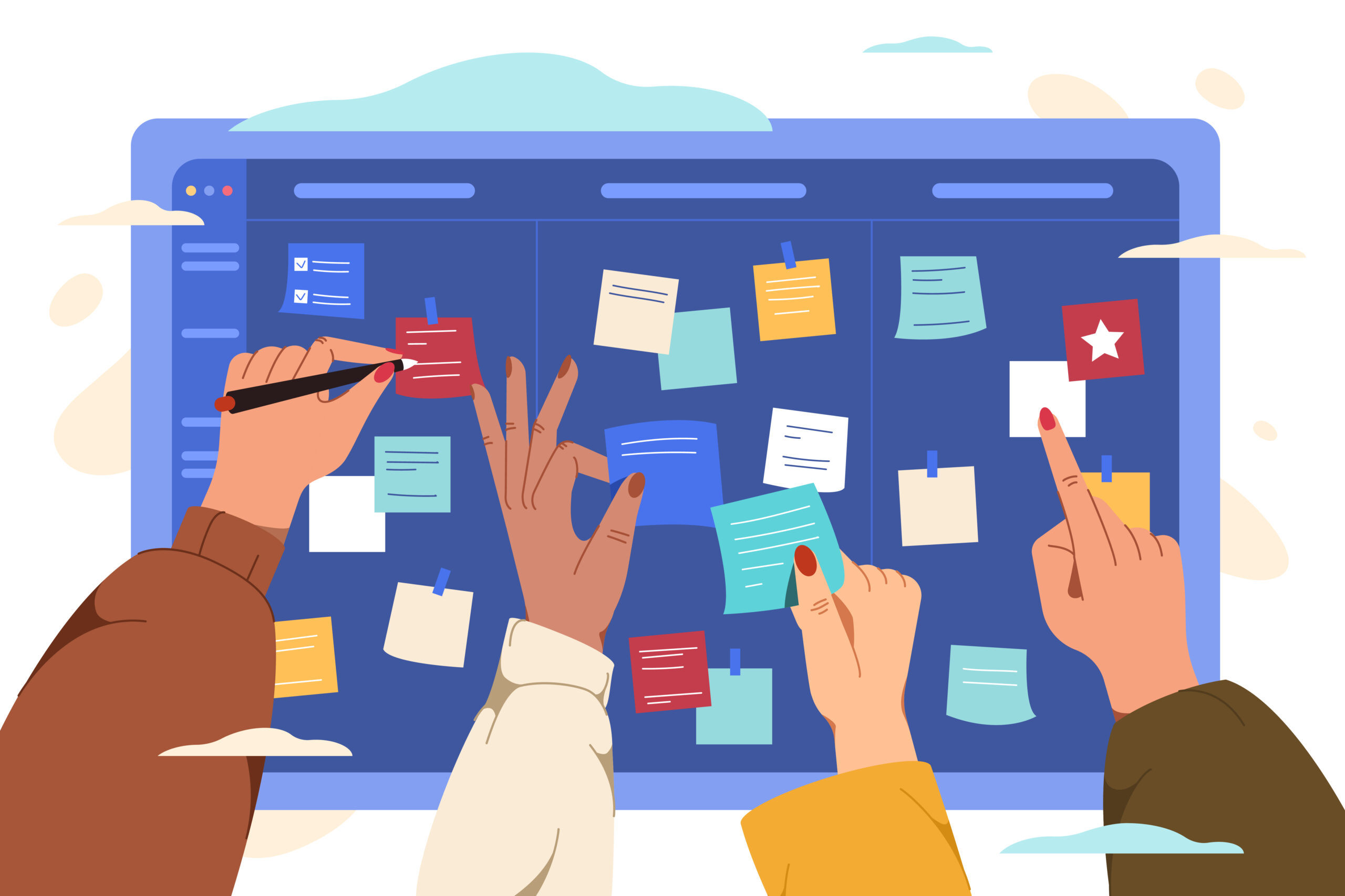 Flat scrum task board with human hands and color paper stickers